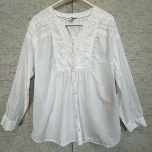 White Peasant Boho Pintuck Top Sz XL Prarie Feminine Neutral Modest Lace Cottage
